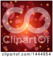 Clipart Of A Background Of Valentines Day Hearts And Flares Over Red Royalty Free Vector Illustration