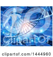 Clipart Of A 3d Medical Anatomical Male With A Visible Skeleton Over A DNA Strand And Virus Background Royalty Free Illustration