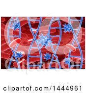 Poster, Art Print Of 3d Scientific Medical Background Of Blue Dna Strands And Virus Cells Over Red