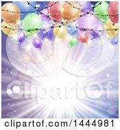 Clipart Of A Purple Sun Burst Background With Lights And Colorful Party Balloons Royalty Free Vector Illustration