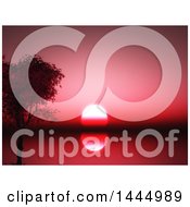 Clipart Of A Red Ocean Sunset And 3d Tree Royalty Free Illustration