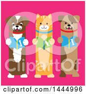 Poster, Art Print Of Cute Cat And Dogs Standing Upright And Reading Books On A Pink Background