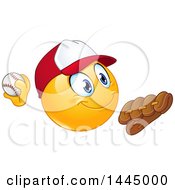 Poster, Art Print Of Cartoon Yellow Smiley Face Emoji Emoticon Baseball Player Pitching