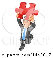 Poster, Art Print Of 3d Business Man Running And Holding Up A Red Solution Puzzle Piece On A White Background