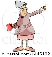 Cartoon Angry Senior Caucasian Woman In Her Robe Holding Coffee And Flipping The Bird