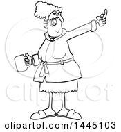Poster, Art Print Of Cartoon Black And White Lineart Angry Senior Woman In Her Robe Holding Coffee And Flipping The Bird