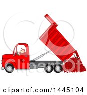 Poster, Art Print Of Cartoon Caucasian Man Operating A Red Hydraulic Dump Truck And Dumping Hearts