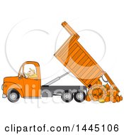 Poster, Art Print Of Cartoon Caucasian Man Operating An Orange Hydraulic Dump Truck And Dumping Pumpkins