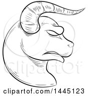 Clipart Of A Sketched Black And White Astrology Zodiac Taurus Bull Head In Profile With A White Fill Royalty Free Vector Illustration by cidepix