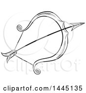 Clipart Of A Sketched Black And White Astrology Zodiac Sagittarius Bow And Arrow With A White Fill Royalty Free Vector Illustration