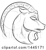 Poster, Art Print Of Sketched Black And White Astrology Zodiac Capricorn Goat Head In Profile With White Fill