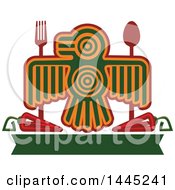 Poster, Art Print Of Bird In Aztec Or Inca Totem Style With A Fork Spoon Chile Peppers And Blank Green Banner