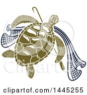 Poster, Art Print Of Green Sea Turtle With A Hook And Net