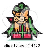 Poster, Art Print Of Orange Cat Stuck In A Green Ribbon Bow On A Christmas Present
