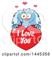 Poster, Art Print Of Cartoon Valentine Yeti Over A Red I Love You Heart