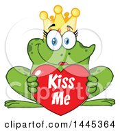 Poster, Art Print Of Cartoon Female Princess Frog Holding A Red Valentine Kiss Me Love Heart