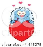 Poster, Art Print Of Cartoon Valentine Yeti Over A Red Love Heart
