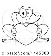 Clipart Of A Cartoon Black And White Lineart Female Frog Holding A Valentine Love Heart Royalty Free Vector Illustration