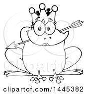 Clipart Of A Cartoon Black And White Lineart Princess Frog Biting Cupids Arrow Royalty Free Vector Illustration