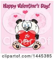 Poster, Art Print Of Cartoon Happy Panda Holding A Red Be Mine Valentine Love Heart With Text On Pink