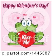 Poster, Art Print Of Cartoon Female Frog Holding A Red Valentine Kiss Me Love Heart With Text Over Pink