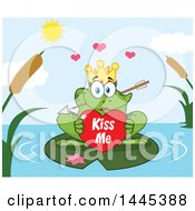 Poster, Art Print Of Cartoon Princess Frog Biting Cupids Arrow And Holding A Valentine Kiss Me Heart On A Lily Pad