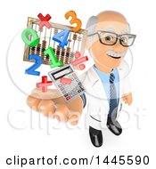 3d Senior Caucasian Male Math Teacher Holding Up A Calculator Numbers Symbols And An Abacus On A White Background