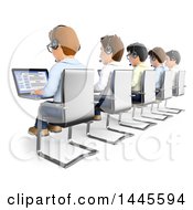 Clipart Of A 3d Line Of Call Center Business Men Working On A White Background Royalty Free Illustration