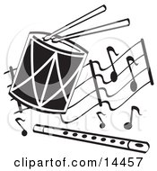 Poster, Art Print Of Drumsticks On A Drum And A Flute Over Musical Notes