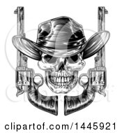 Poster, Art Print Of Black And White Woodcut Etched Or Engraved Cowboy Skull With Six Shooter Pistols