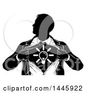 Clipart Of A Black And White Silhouetted Creative Super Hero Business Man Ripping His Shirt Open And Revealing A Light Bulb Royalty Free Vector Illustration by AtStockIllustration
