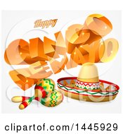 Poster, Art Print Of 3d Orange Happy Cinco De Mayo Text With A Sombrero And Maracas