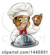 Poster, Art Print Of Cartoon Happy Young Black Male Chef Holding A Cloche Platter And Gesturing Perfect