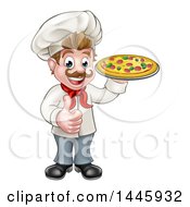 Poster, Art Print Of Cartoon Happy White Male Chef Holding A Pizza And Giving A Thumb Up