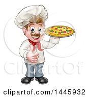 Clipart Of A Cartoon Happy White Male Chef Holding A Pizza And Giving A Thumb Up Royalty Free Vector Illustration