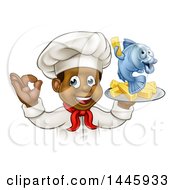 Cartoon Happy Young Black Male Chef Holding A Fish Character And Chips On A Tray