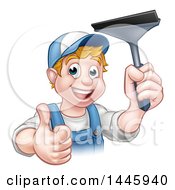 Poster, Art Print Of Cartoon Happy White Male Window Cleaner In Blue Giving A Thumb Up And Holding A Squeegee