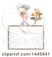 Poster, Art Print Of White Male Chef With A Curling Mustache Holding A Hot Dog On A Platter And Pointing Down Over A White Menu Board Sign