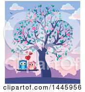 Clipart Of A Sweet Owl Couple On A Swing In A Tree With Spring Blossoms At Sunset Royalty Free Vector Illustration