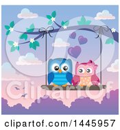 Clipart Of A Sweet Owl Couple On A Swing Hanging From A Branch With Spring Blossoms At Sunset Royalty Free Vector Illustration