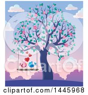Clipart Of A Pair Of Valentine Birds On A Swing With Hearts Hanging From A Tree With Pink Blossoms At Sunset Royalty Free Vector Illustration