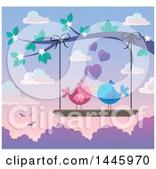 Clipart Of A Pair Of Valentine Love Birds On A Swing Hanging From A Tree Branch With Pink Blossoms At Sunset Royalty Free Vector Illustration