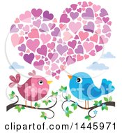 Clipart Of A Pair Of Valentine Love Birds On Branches Under Hearts Royalty Free Vector Illustration by visekart