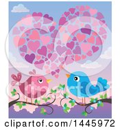 Clipart Of A Pair Of Valentine Love Birds On Branches Under Hearts At Sunset Royalty Free Vector Illustration