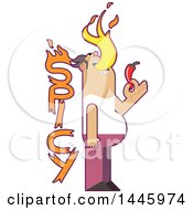 Poster, Art Print Of Cartoon Chubby Man Breathing Fire And Holding A Chile Pepper By The Word Spicy