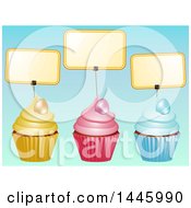 Clipart Of Yellow Pink And Blue Ester Cupcakes With Eggs And Labels On Blue Royalty Free Vector Illustration