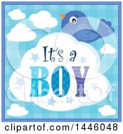 Poster, Art Print Of Blue Bird With Gender Reveal Its A Boy Text On A Cloud Voer Plaid