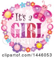 Round Flower And Butterfly Frame Around Gender Reveal Its A Girl Text