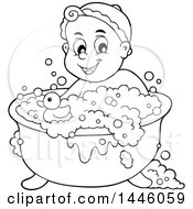 Poster, Art Print Of Black And White Lineart Happy Baby Bathing In A Tub With A Rubber Duck