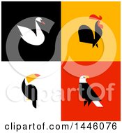 Poster, Art Print Of Flat Styled Swan Rooster Toucan And American Bald Eagle On Colorful Tiles